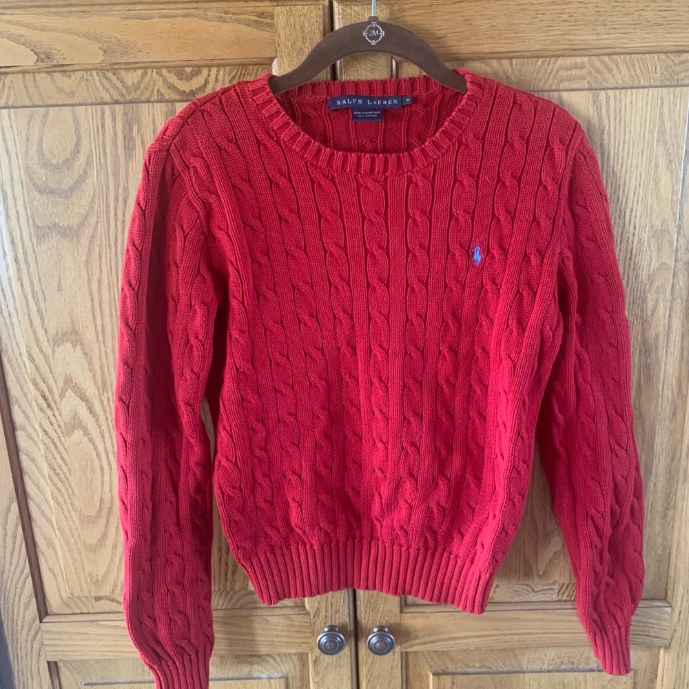 Ralph Lauren Red Cable Knit Crewneck Sweater